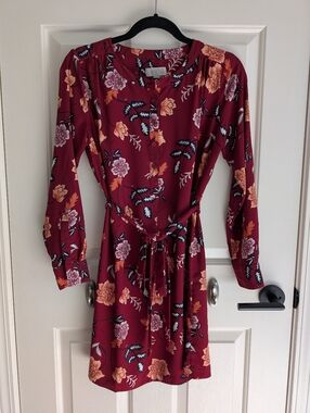 Loft Long sleeve Floral Dress, Red And Orange, Size Petite Small